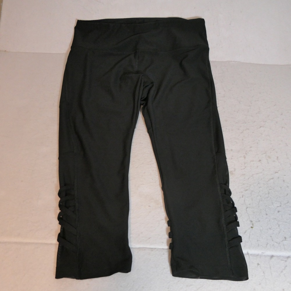 Vogo Womens Capri Leggings XL Black Lattice Strappy Mesh Athleisure Yoga Gym